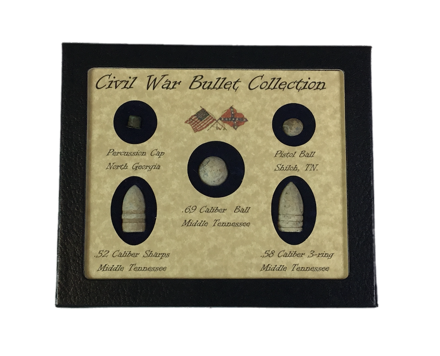 Original Civil War Bullets Relics In Matted Display Case (5 Piece) With Coa